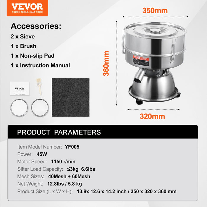 VEVOR Automatic Electric Vibrating Sieve, Stainless Steel Sifter Shaker Machine with 40+60 Mesh, 45W Automatic Powder Sifter Machine Countertop, Electric Sieve Shaker for Flour Powers, Mungbean, Rice
