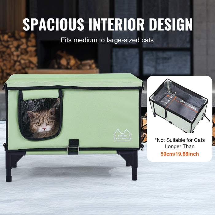 VEVOR Elevated Heated Cat House, Cuboid Kitty Shelter with Adjustable Temperature and Timer, 900D Oxford Cloth Foldable Cat Shelter with Heated Pad  for Winter to Stay Warm and Cozy, Green (Middle)