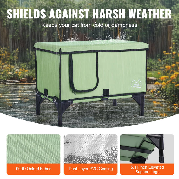 VEVOR Elevated Heated Cat House, Cuboid Kitty Shelter with Adjustable Temperature and Timer, 900D Oxford Cloth Foldable Cat Shelter with Heated Pad  for Winter to Stay Warm and Cozy, Green (Large)