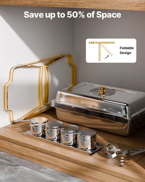 Chafing Dish Buffet Set, 4 Qt 2 Pack, Stainless Steel Chafer with 4 Half Size Pans, Rectangle Catering Warmer Server with Glass Lid Water Pan Folding Stand Fuel Holder, for Wedding Party Banquet