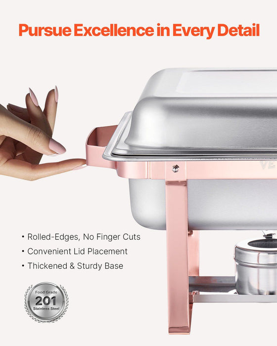 Chafing Dish Buffet Set, 8 Qt 2 Pack, Stainless Steel Chafer with 2 Full Size Pans, Rectangle Catering Warmer Server with Lid Water Pan Stand Fuel Holder, for Wedding Party Banquet, Rose Gold