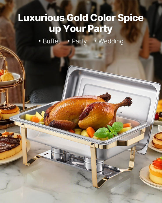 Chafing Dish Buffet Set, 8 Qt 4 Pack, Stainless Steel Chafer with 2 Full Size and 4 Half Size Pans, Rectangle Catering Warmer Server with Lid Water Pan Stand, for Weddings Parties Banquets, Gold
