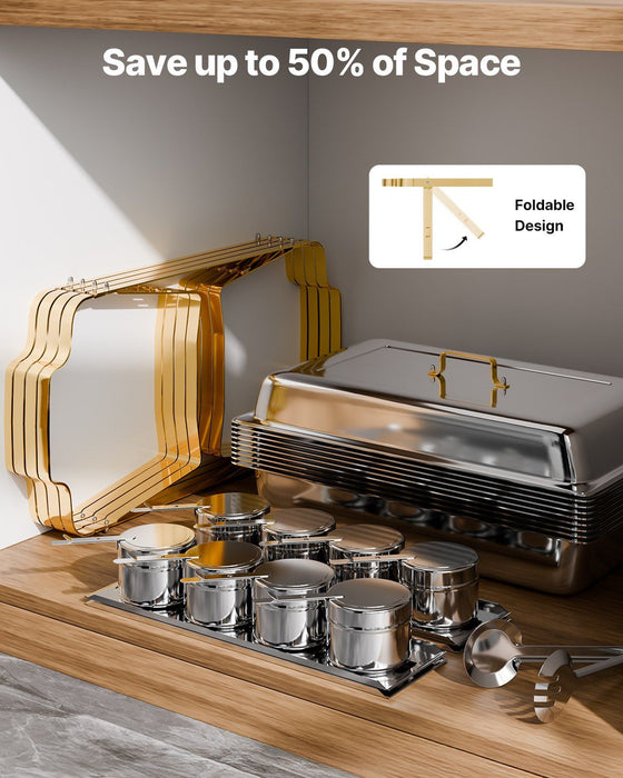 Chafing Dish Buffet Set, 8 Qt 4 Pack, Stainless Steel Chafer with 2 Full Size and 4 Half Size Pans, Rectangle Catering Warmer Server with Lid Water Pan Stand, for Weddings Parties Banquets, Gold