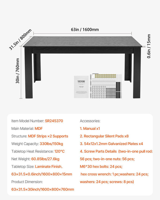 Rectangle Dining Table, 63 inch Length Large Wood Tables for 4-6 Person, Modern Dinner Furniture, Conference Desk Supporting for 330LBS, for Home Kitchen Living Room, Black(Only Table)