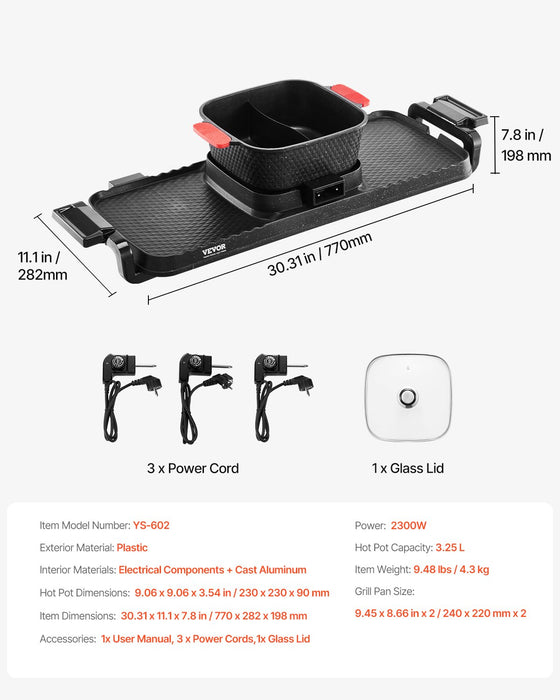 VEVOR Hot Pot with Grill 2300W 2-in-1 Electric Smokeless BBQ with Removable Pot