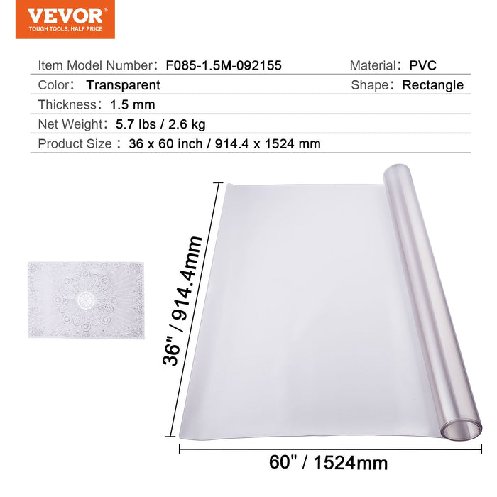 VEVOR Plastic Table Cover, 36 x 60 Inch 1.5 mm Thick Frosted Table Protector, Rectangle PVC Desk Mat, Waterproof & Easy Cleaning Desk Pad Tablecloth, for Office Dresser Dining Room Table Night Stand