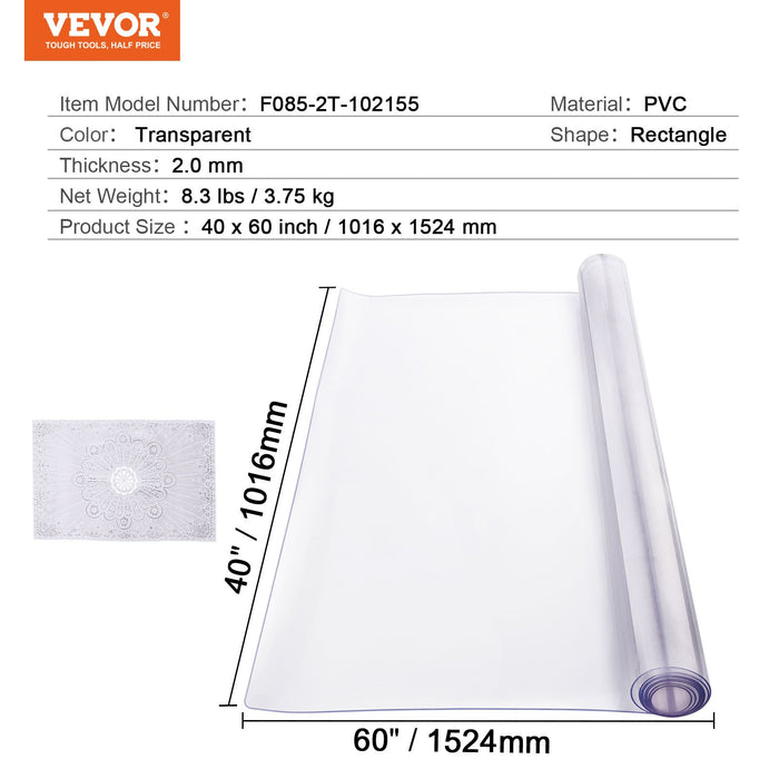 VEVOR Plastic Table Cover, 40 x 60 Inch 2.0 mm Thick Clear Table Protector, Rectangle PVC Desk Mat, Waterproof & Easy Cleaning Desk Pad Tablecloth, for Office Dresser Dining Room Table Night Stand