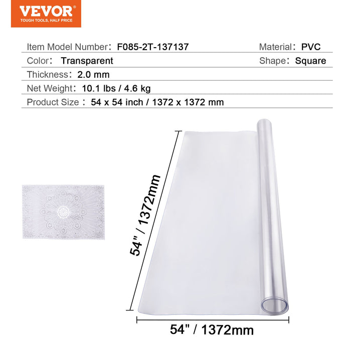 VEVOR Plastic Table Cover, 54 x 54 Inch 2.0 mm Thick Clear Table Protector, Square PVC Desk Mat, Waterproof & Easy Cleaning Desk Pad Tablecloth, for Office Dresser Dining Room Table Night Stand
