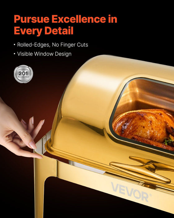 Roll Top Chafing Dish Buffet Complete Set, 9Qt Stainless Steel Chafer with Full Size Pan, Rectangle Catering Warmer Server with Visible Lid Water Pan Folding Stand Fuel Holder Meal Clip, Gold