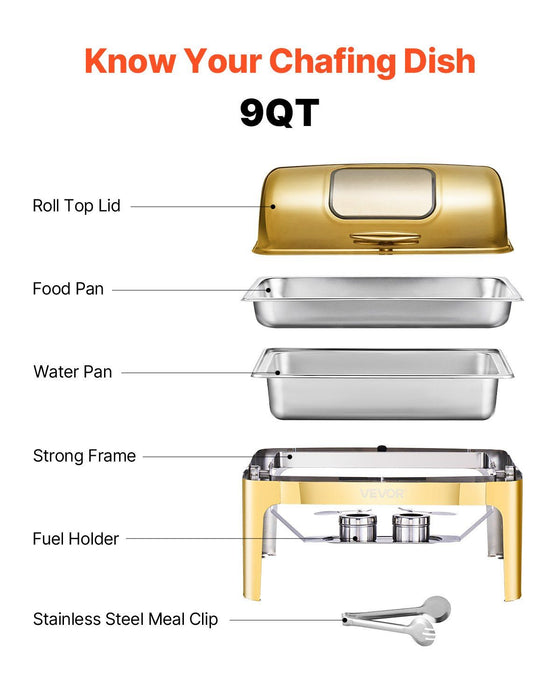 Roll Top Chafing Dish Buffet Complete Set, 9Qt Stainless Steel Chafer with Full Size Pan, Rectangle Catering Warmer Server with Visible Lid Water Pan Folding Stand Fuel Holder Meal Clip, Gold