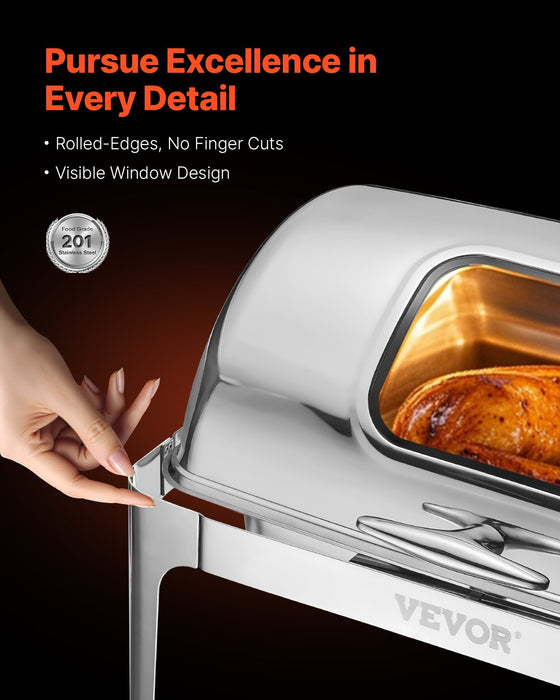 VEVOR Roll Top Chafing Dish Buffet Complete Set, 9 Qt 1 Pack Stainless Steel Chafer with 2 Half Size Pans, Rectangle Catering Warmer Server with Visible Lid Water Pan Folding Stand Fuel Holder, Silver