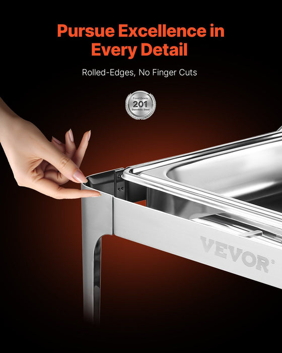 Roll Top Chafing Dish Buffet Complete Set, 9Qt Stainless Steel Chafer with Full Size Pan, Rectangle Catering Warmer Server with Lid Water Pan Folding Stand Fuel Holder Meal Clip, Silver