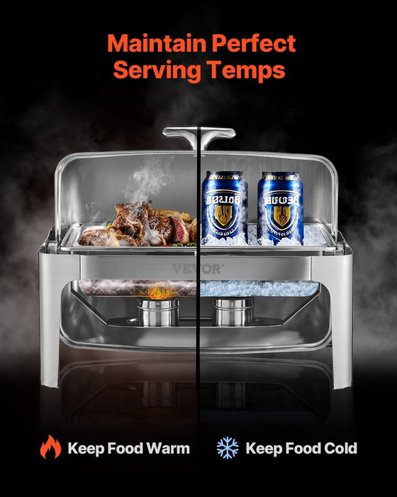 Roll Top Chafing Dish Buffet Complete Set, 9Qt Stainless Steel Chafer with Full Size Pan, Rectangle Catering Warmer Server with Lid Water Pan Folding Stand Fuel Holder Meal Clip, Silver