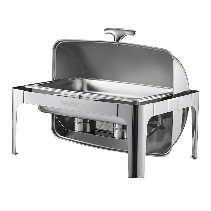 Roll Top Chafing Dish Buffet Complete Set, 9Qt Stainless Steel Chafer with Full Size Pan, Rectangle Catering Warmer Server with Lid Water Pan Folding Stand Fuel Holder Meal Clip, Silver