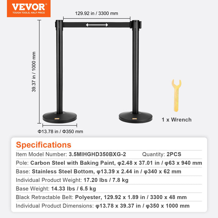 VEVOR Crowd Control Stanchions, 2-Pack Crowd Control Barriers, Carbon Steel Baking Painted Stanchion Queue Post with 11FT Black Retractable Belt, Belt Barriers Line Divider for Exhibition, Airport