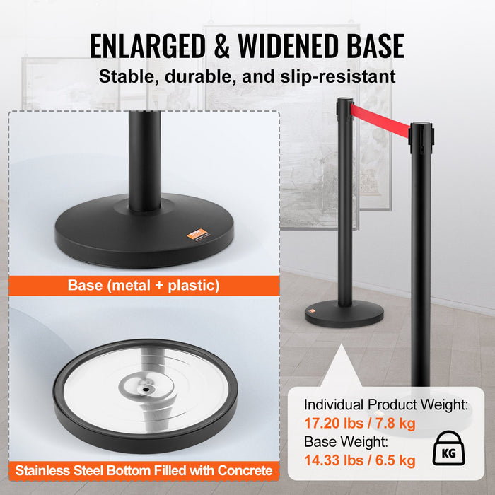 VEVOR Crowd Control Stanchions, 2-Pack Crowd Control Barriers, Carbon Steel Baking Painted Stanchion Queue Post with 11FT Red Retractable Belt, Belt Barriers Line Divider for Exhibition, Airport