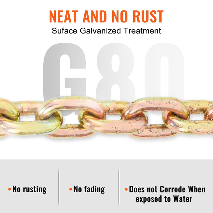 VEVOR Transport Binder Chain, 220 kg Working Load Limit, 3/8'' x 20' G80 Tow Chain Tie Down with Grab Hooks, DOT Certified, Galvanized Coating Manganese Steel for Dock Factory Construction Site