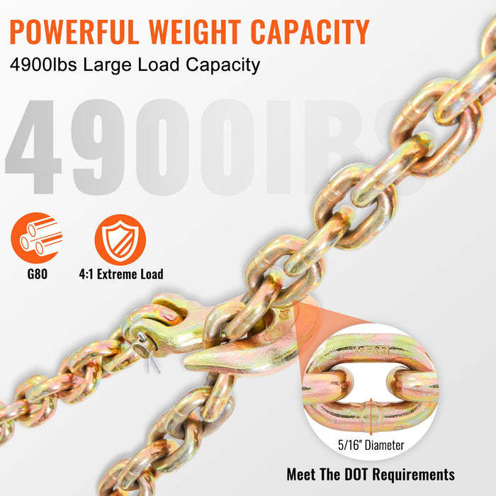 VEVOR Transport Binder Chain, 2222 kg Working Load Limit, G80 Tow Chain Tie Down with Grab Hooks, DOT Certified, Galvanized Coating Manganese Steel for Dock Factory Construction Site