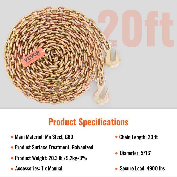 VEVOR Transport Binder Chain, 2222 kg Working Load Limit, G80 Tow Chain Tie Down with Grab Hooks, DOT Certified, Galvanized Coating Manganese Steel for Dock Factory Construction Site