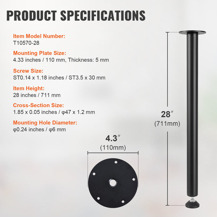 VEVOR 711.2MM Adjustable Desk Legs, Reinforced Steel Office Table Furniture legs Set of 4 for DIY, 544.3KG Load Capacity Heavy Duty Desk Legs, Quick Instalation Legs with Adjustable Foot Cup Black