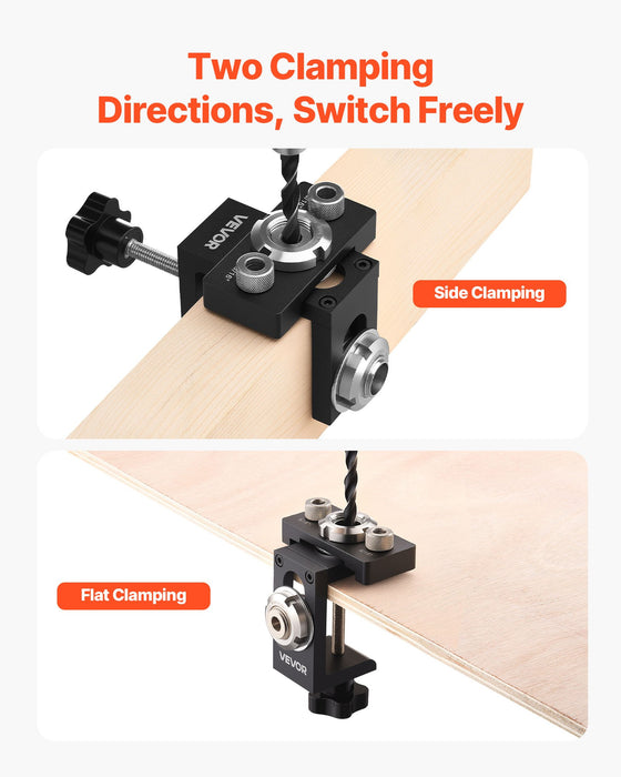 VEVOR Doweling Jig Kit, Self Centering Dowel Drill Jig for Straight Holes, Aluminum Alloy Woodworking Joints Tool with 3 Size Drill Bits 6.4 / 7.9 / 15 mm, Adjustable Width, for Wood Working