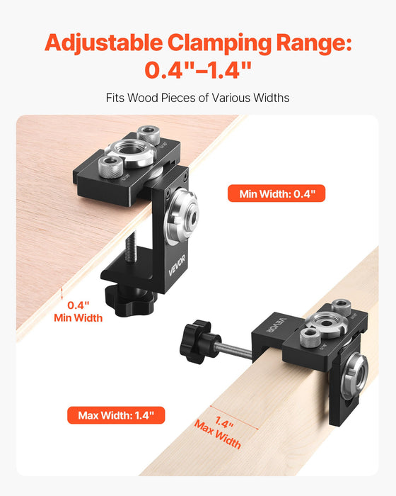 VEVOR Doweling Jig Kit, Self Centering Dowel Drill Jig for Straight Holes, Aluminum Alloy Woodworking Joints Tool with 3 Size Drill Bits 6.4 / 7.9 / 15 mm, Adjustable Width, for Wood Working