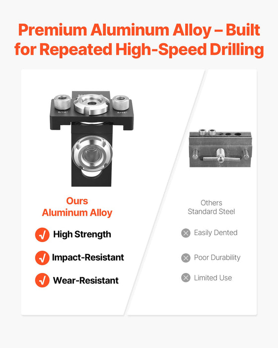 VEVOR Doweling Jig Kit, Self Centering Dowel Drill Jig for Straight Holes, Aluminum Alloy Woodworking Joints Tool with 3 Size Drill Bits 6.4 / 7.9 / 15 mm, Adjustable Width, for Wood Working