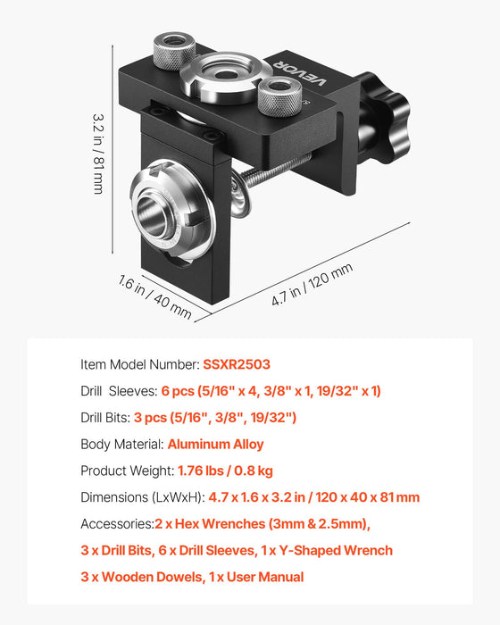 VEVOR Doweling Jig Kit, Self Centering Dowel Drill Jig for Straight Holes, Aluminum Alloy Woodworking Joints Tool with 3 Size Drill Bits 6.4 / 7.9 / 15 mm, Adjustable Width, for Wood Working