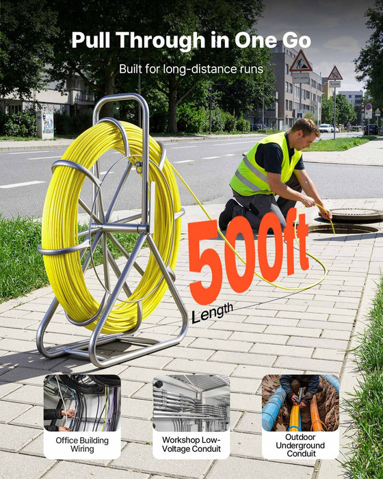 Fish Tape Fiberglass, 152M 6.3MM, Duct Rodder Fishtape Wire Puller with Stand, Cable Running Rod with Locking Mechanism, Fishing Tools, for Walls Floor and Electrical Conduit, Non-Conductive