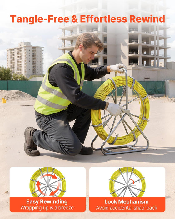 Fish Tape Fiberglass, 152M 6.3MM, Duct Rodder Fishtape Wire Puller with Stand, Cable Running Rod with Locking Mechanism, Fishing Tools, for Walls Floor and Electrical Conduit, Non-Conductive