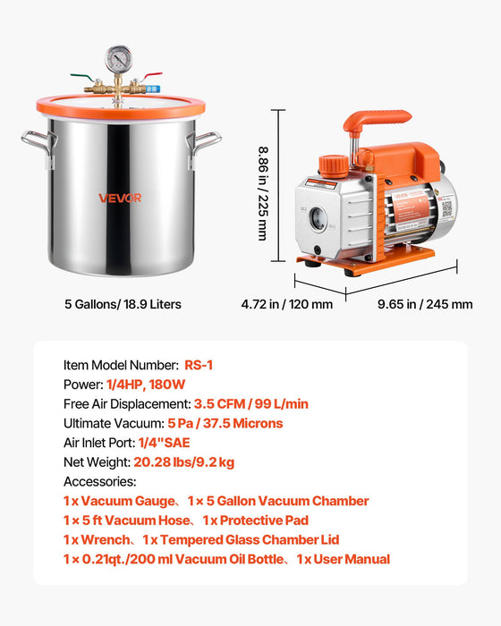 VEVOR 18.93 L Vacuum Chamber with Pump, 3.5 CFM 99 L/min, Single Stage Vacuum Pump, Stainless Steel Degassing Chamber Kit, Tempered Glass Lid, 1.5 m Hose, for Stabilizing Wood Degassing Silicone Resin