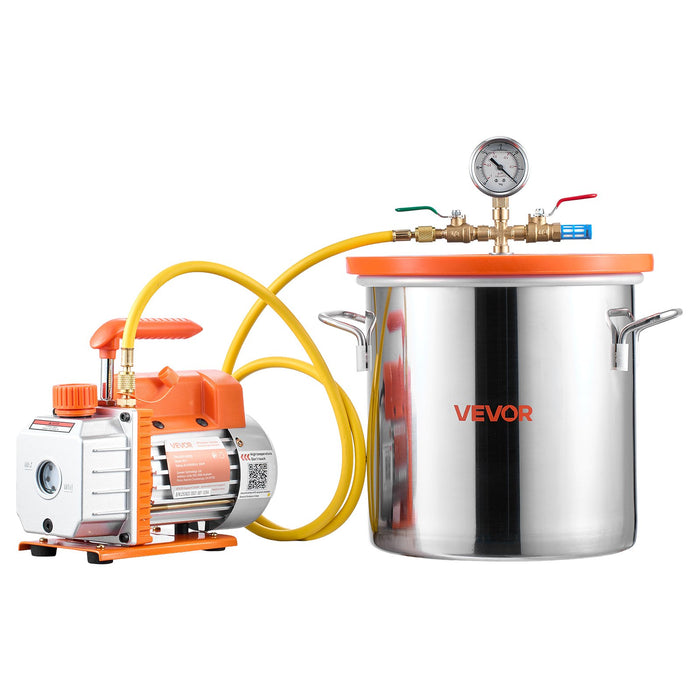 VEVOR 18.93 L Vacuum Chamber with Pump, 3.5 CFM 99 L/min, Single Stage Vacuum Pump, Stainless Steel Degassing Chamber Kit, Tempered Glass Lid, 1.5 m Hose, for Stabilizing Wood Degassing Silicone Resin