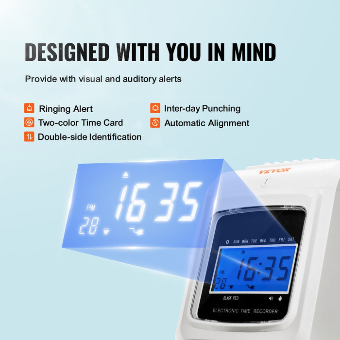 VEVOR Punch Time Clock, Time Tracker Machine for Employees of Small Business, 6 Punches per Day, Time Clock Punch Machine Includes 102 Time Cards, 1 Ink Ribbon and 2 Security Keys