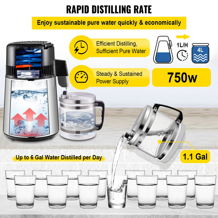 VEVOR 1.1 Gal Water Distiller, 0.3 Gal/H, 750W Distilled Water Maker Machine 0-99H Timing Set Temp Display, 304 Stainless Steel Countertop Distiller Glass Carafe Cleaning Powder 3 Carbon Packs, Silver