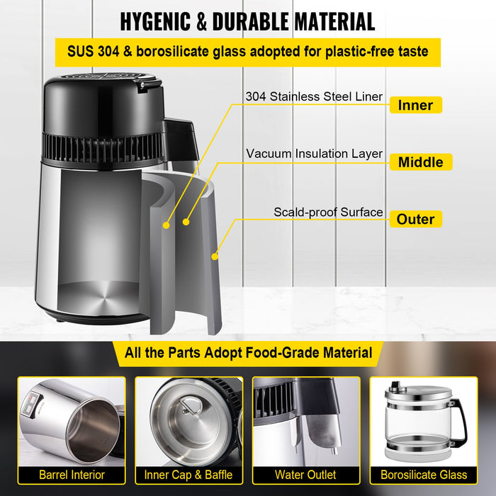 VEVOR 1.1 Gal Water Distiller, 0.3 Gal/H, 750W Distilled Water Maker Machine 0-99H Timing Set Temp Display, 304 Stainless Steel Countertop Distiller Glass Carafe Cleaning Powder 3 Carbon Packs, Silver