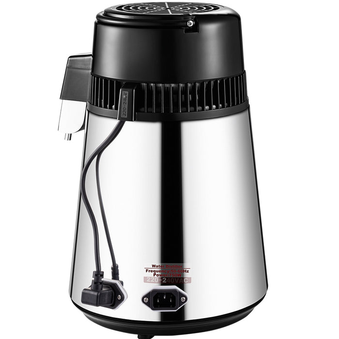VEVOR 1.1 Gal Water Distiller, 0.3 Gal/H, 750W Distilled Water Maker Machine 0-99H Timing Set Temp Display, 304 Stainless Steel Countertop Distiller Glass Carafe Cleaning Powder 3 Carbon Packs, Silver