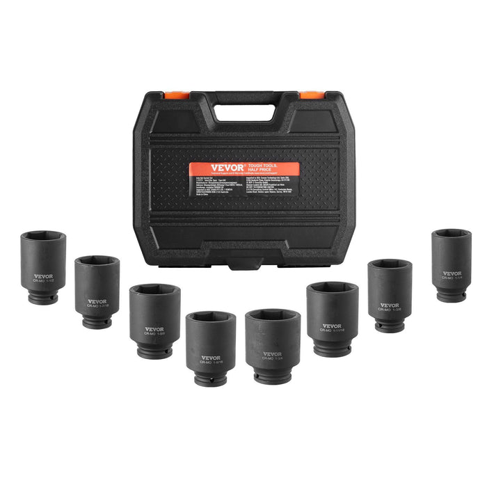 Axle Nut Impact Socket Set, 1/2" Drive Deep 6-Point 8-Piece SAE Spindle Nut Socket Set, CR-MO Heat Treated Large Socket Set with Storage Case, for Auto Repair, Removing or Installing Axle Nuts
