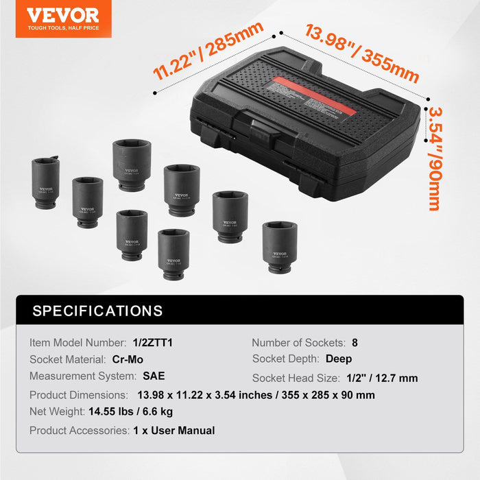 Axle Nut Impact Socket Set, 1/2" Drive Deep 6-Point 8-Piece SAE Spindle Nut Socket Set, CR-MO Heat Treated Large Socket Set with Storage Case, for Auto Repair, Removing or Installing Axle Nuts