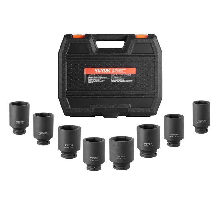 Axle Nut Impact Socket Set, 1/2" Drive Deep 6-Point 8-Piece SAE Spindle Nut Socket Set, CR-MO Heat Treated Large Socket Set with Storage Case, for Auto Repair, Removing or Installing Axle Nuts