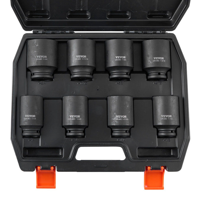 Axle Nut Impact Socket Set, 1/2" Drive Deep 6-Point 8-Piece SAE Spindle Nut Socket Set, CR-MO Heat Treated Large Socket Set with Storage Case, for Auto Repair, Removing or Installing Axle Nuts