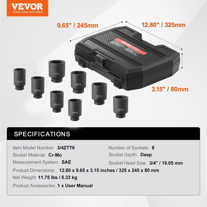 Axle Nut Impact Socket Set, 3/4" Drive Deep 6-Point 8-Piece SAE Spindle Nut Socket Set, CR-MO Heat Treated Large Socket Set with Storage Case, for Auto Repair, Removing or Installing Axle Nuts