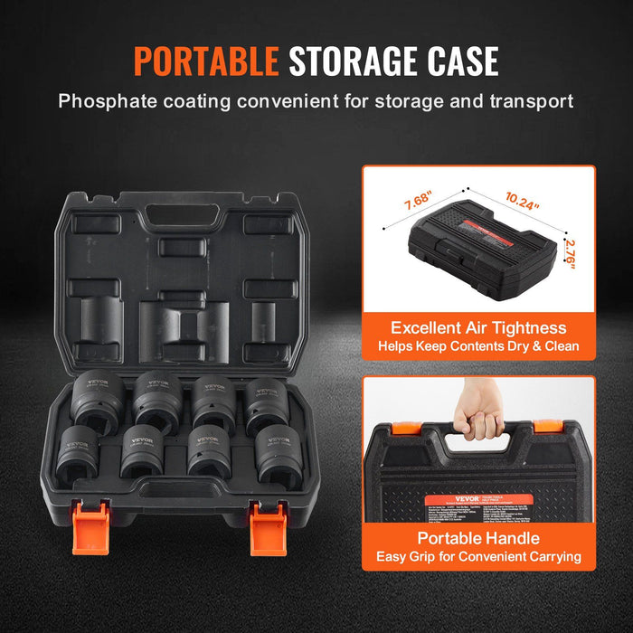Axle Nut Impact Socket Set, 3/4" Drive 6-Point 8-Piece Metric Spindle Nut Socket Set, CR-MO Heat Treated Large Socket Set with Storage Case, for Auto Repair, Removing or Installing Axle Nuts