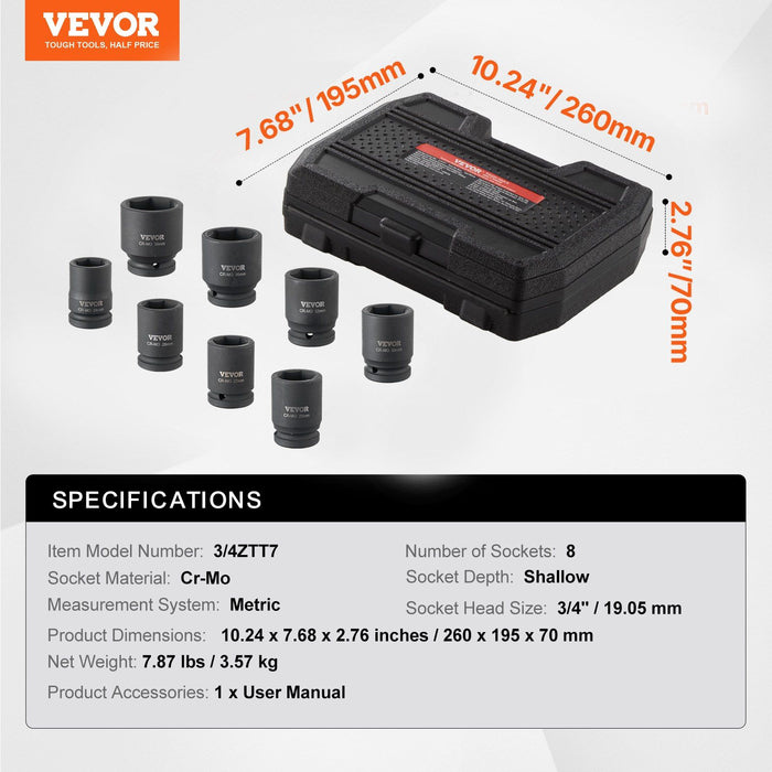 Axle Nut Impact Socket Set, 3/4" Drive 6-Point 8-Piece Metric Spindle Nut Socket Set, CR-MO Heat Treated Large Socket Set with Storage Case, for Auto Repair, Removing or Installing Axle Nuts