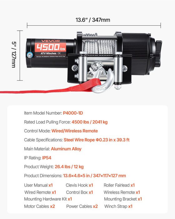 2041 kg Electric Winch, 12V DC ATV/UTV Winch with Φ6 mm x 12 m Steel Wire Rope, Wireless & Wired Remote Control, IP54 Waterproof, Roller Fairlead Mount Plate for Towing ATV UTV Off-Road