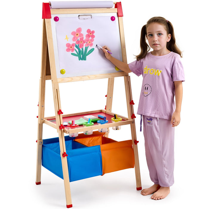 VEVOR Art Easel for Kids, 3-in-1 Wooden Double-Sided Kid's Art Easel with Magnetic Whiteboard, Chalkboard, Paper Roll, Adjustable Standing Drawing Board with Painting Accessories, Storage for Boy Girl