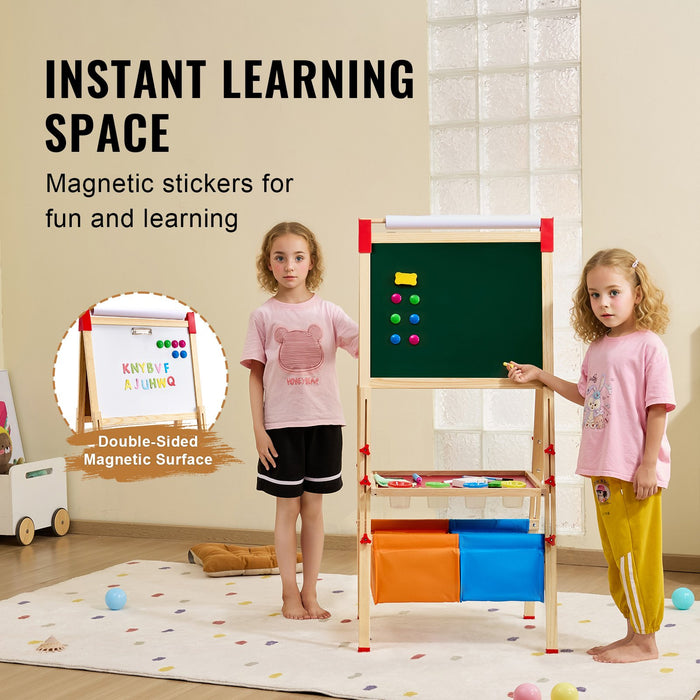 VEVOR Art Easel for Kids, 3-in-1 Wooden Double-Sided Kid's Art Easel with Magnetic Whiteboard, Chalkboard, Paper Roll, Adjustable Standing Drawing Board with Painting Accessories, Storage for Boy Girl