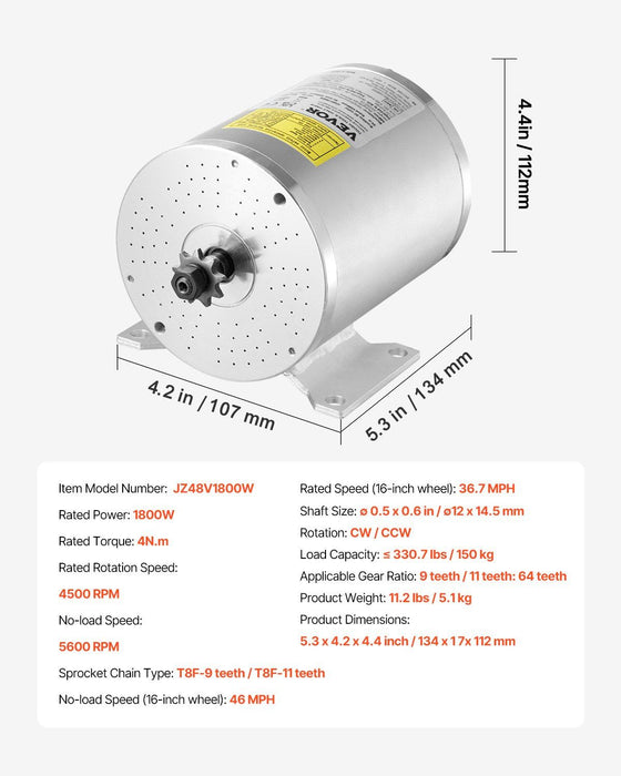 1800W Electric Brushless DC Motor Kit - 48V 4500rpm Motor with Upgraded Speed Controller and Throttle Grip Kit for Go Karts E-Bike Motorcycle Scooter DIY