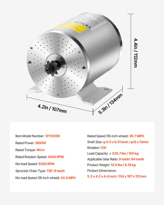 VEVOR 1800W Electric Brushless DC Motor Kit - 48V 4500rpm Motor with Upgraded Speed Controller, Foot Pedal and Throttle Grip Kit for Go Karts E-Bike Motorcycle Scooter