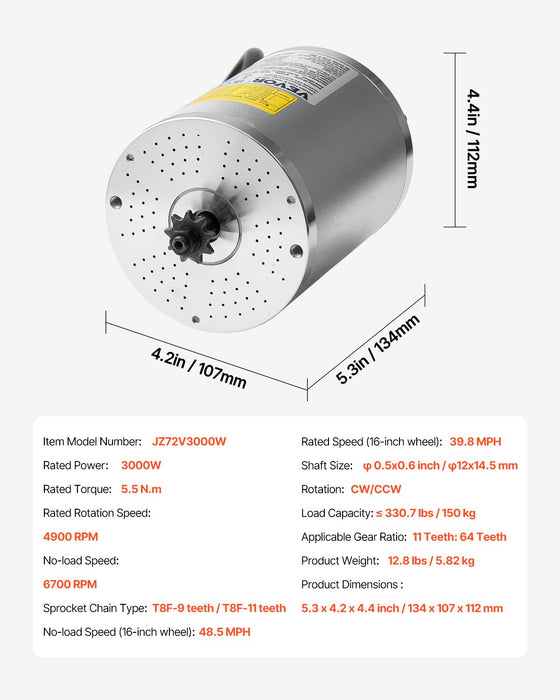 VEVOR 3000W Electric Brushless DC Motor Kit - 72V 4900rpm Motor with Upgraded Speed Controller for Go Karts E-Bike Motorcycle Scooter