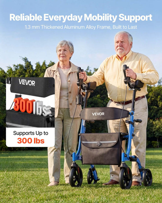 Rollator Walker with Seat for Seniors, Foldable Rolling Walker, Lightweight Aluminum Mobility Walking Aid with PU Solid Wheels, Adjustable Handle, Storage Bag, Cup/Cane Holder - Supports 136kg